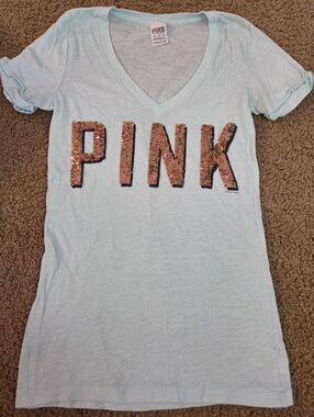 PINK Victoria's Secret Bling Sequin Spellout Vintage Short Sleeved Tee